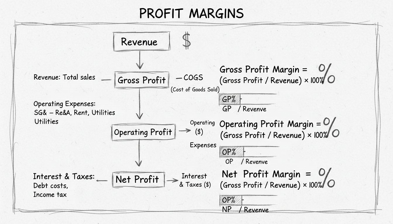 Diagramma disegnato a mano che mostra i tre tipi di margini di profitto con formule e progressione dai ricavi al profitto netto
