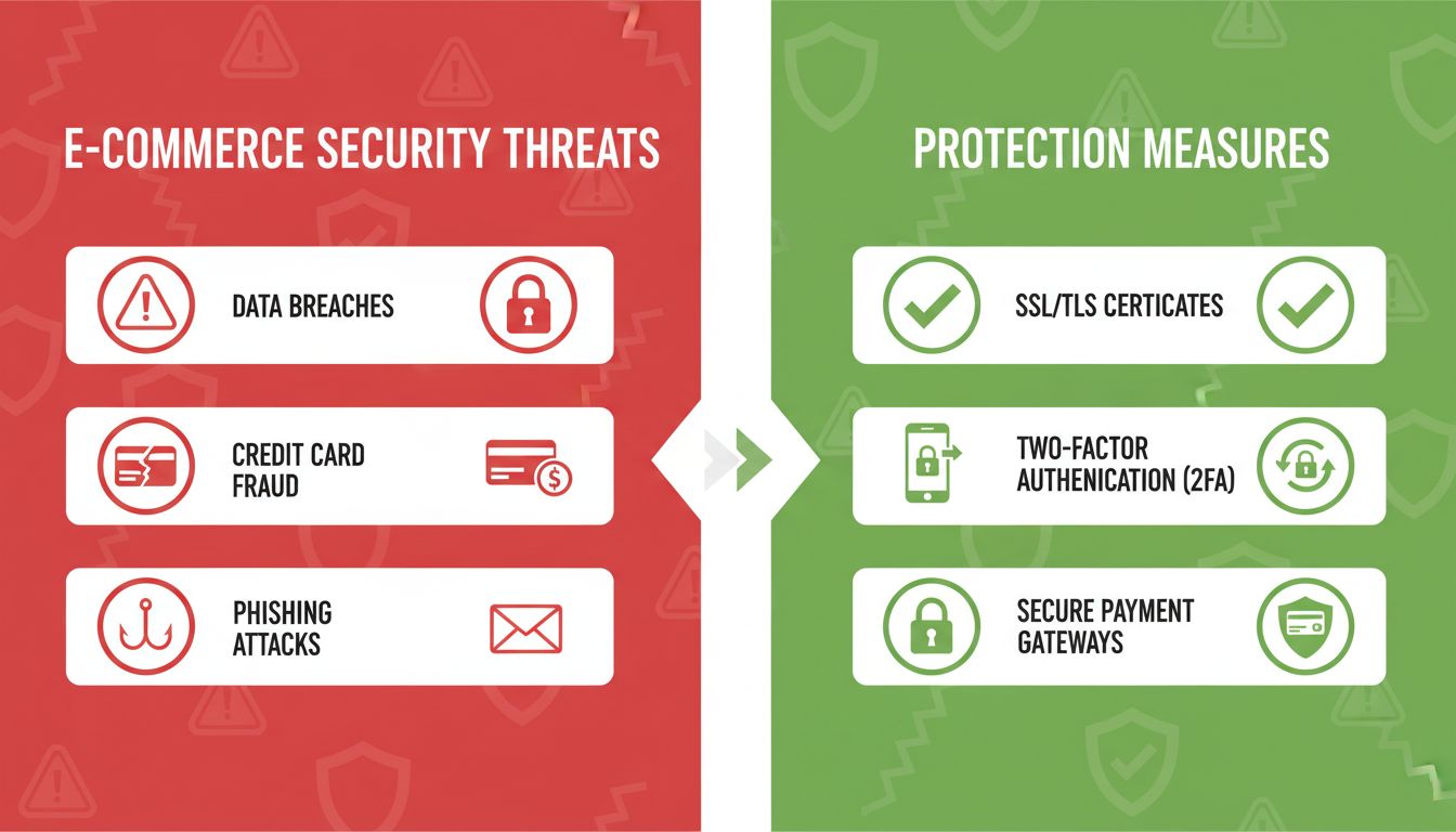 Infografica che mostra minacce alla sicurezza dell'e-commerce tra cui violazioni di dati, frode con carte di credito, attacchi phishing e misure di protezione come certificati SSL e autenticazione a due fattori