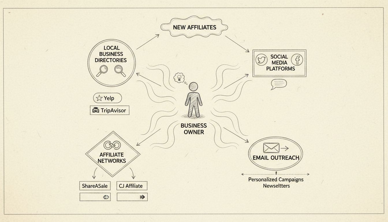 Diagramma disegnato a mano che mostra vari canali di scoperta affiliati, tra cui directory locali, piattaforme social, network di affiliazione ed email outreach