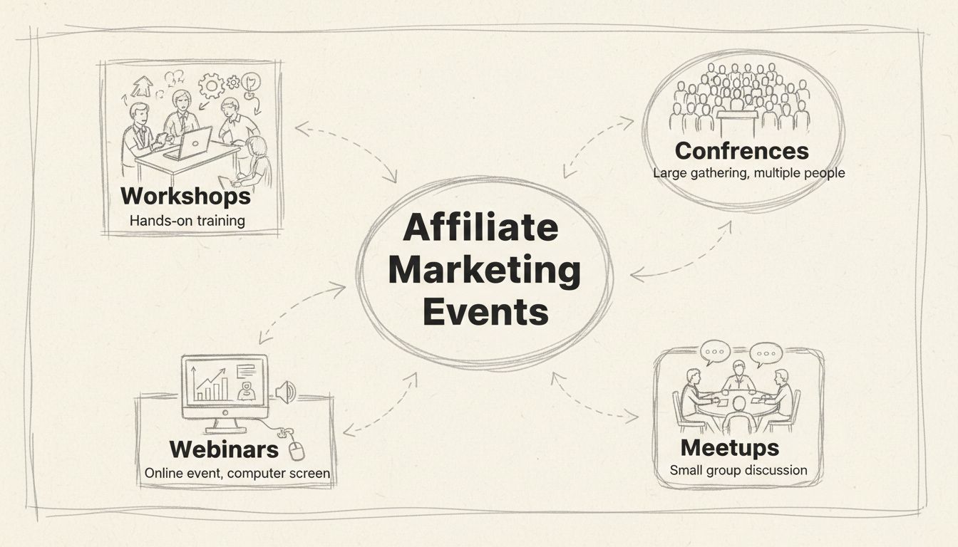 Diagramma disegnato a mano che mostra i tipi di eventi nel marketing di affiliazione, tra cui conferenze, meetup, webinar e workshop collegati a un hub centrale