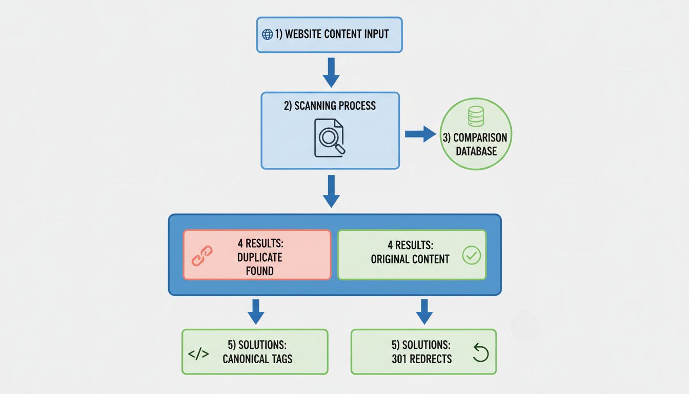 Diagramma del flusso di controllo contenuti duplicati che mostra il processo di scansione, il database di confronto e le soluzioni