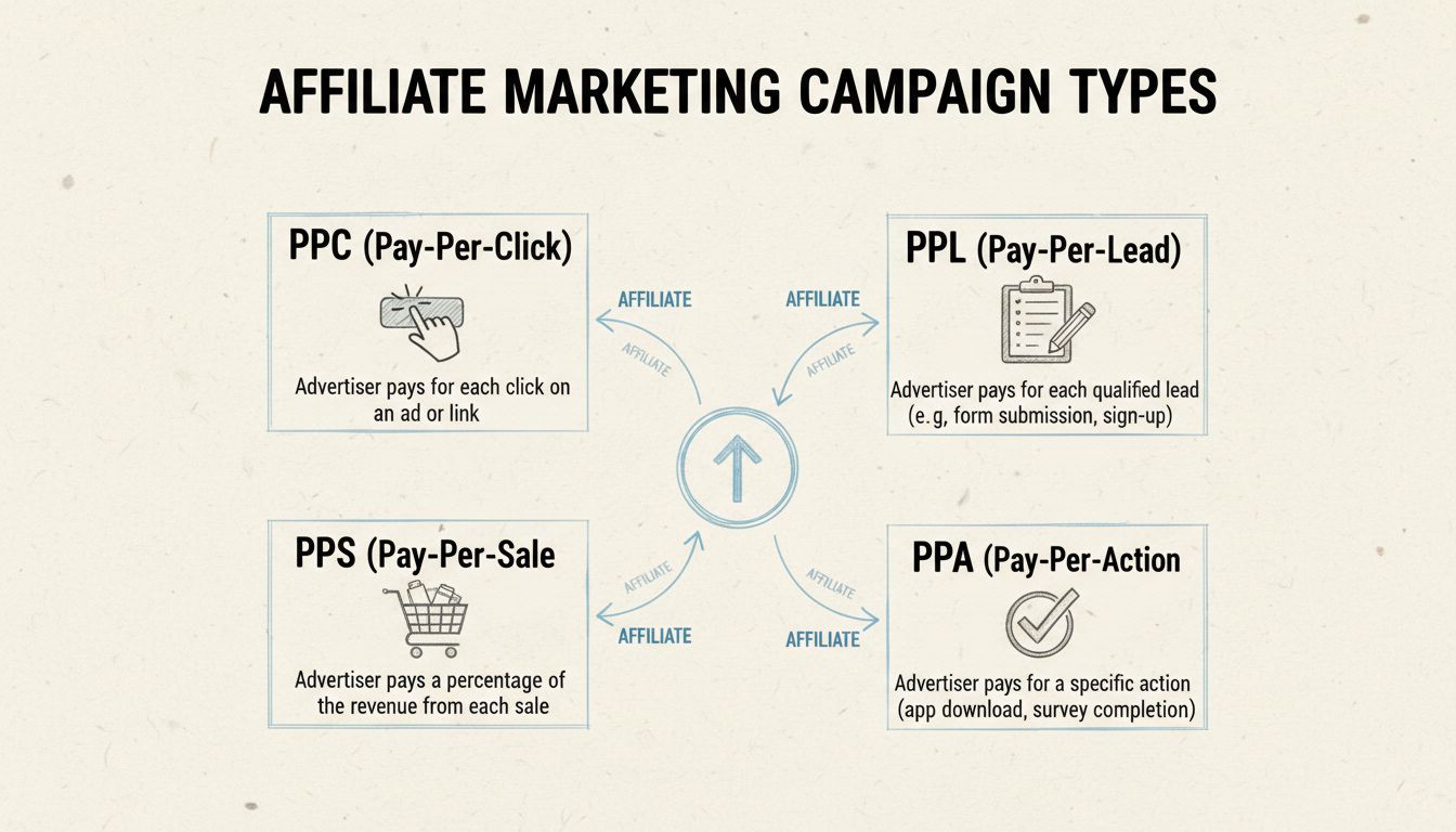 Diagramma che mostra i diversi tipi di campagne di marketing di affiliazione tra cui PPC, PPL, PPS e modelli PPA