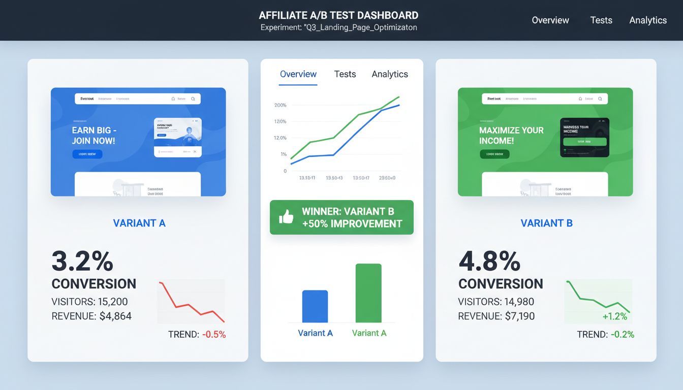 Dashboard A/B testing che mostra i risultati dei test con tassi di conversione e metriche di performance per campagne di affiliate marketing