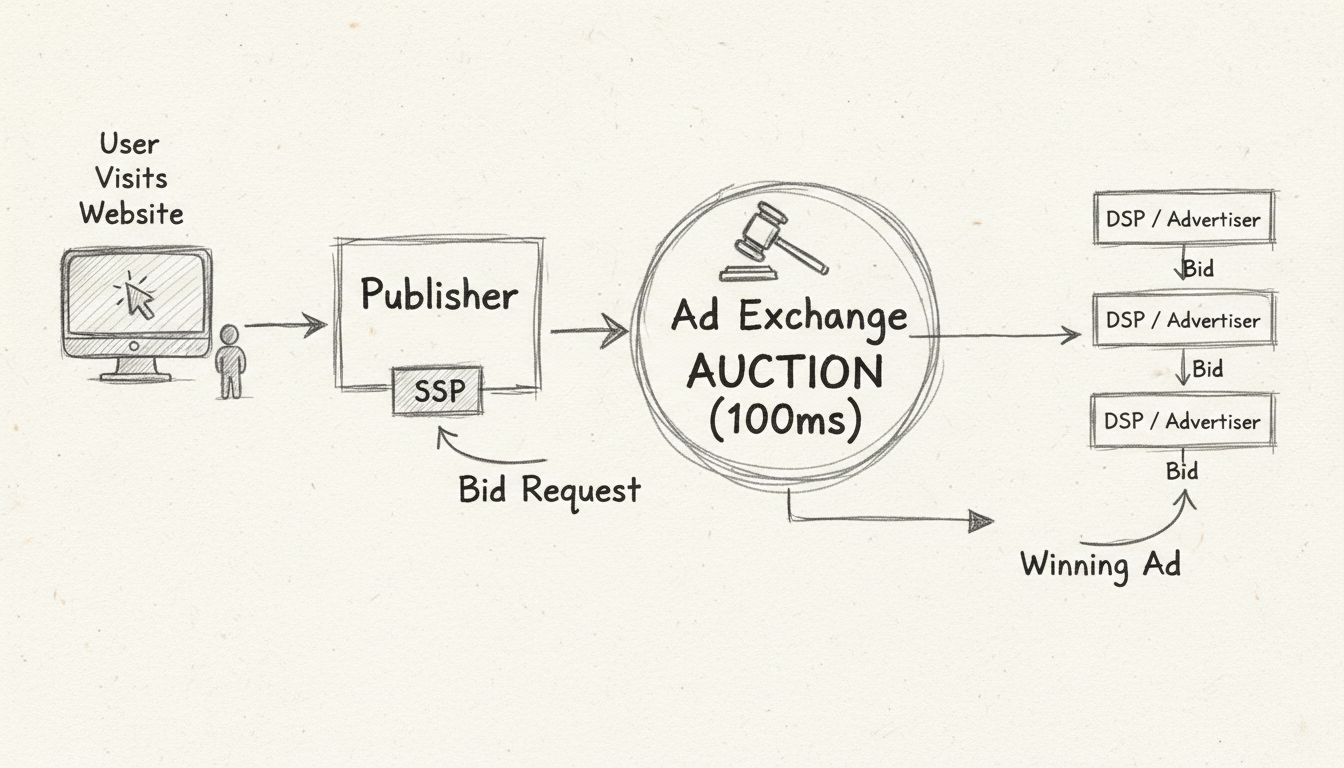 Diagramma del processo di Real-Time Bidding che mostra utente, editore, SSP, ad exchange e più inserzionisti che fanno offerte in millisecondi