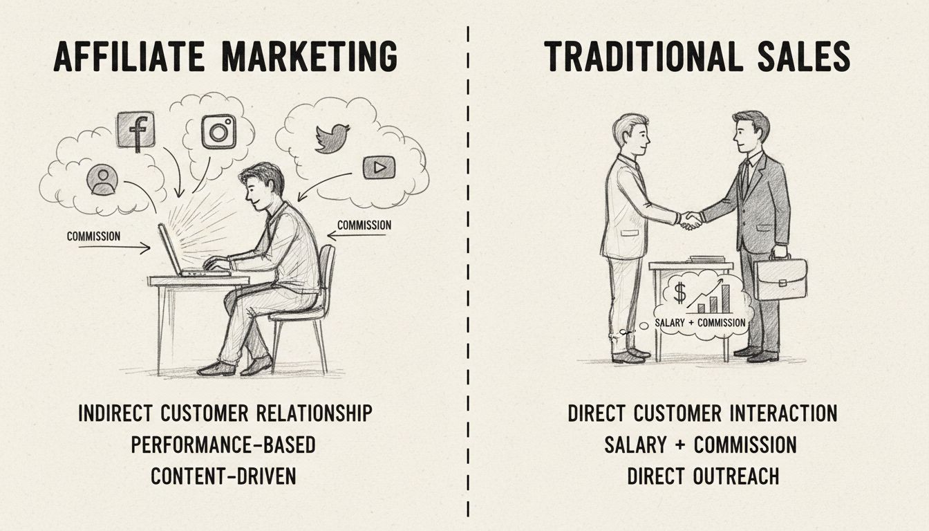 Diagramma disegnato a mano che confronta il marketing di affiliazione e le vendite tradizionali, evidenziando le differenze chiave nella relazione con il cliente, compenso e controllo