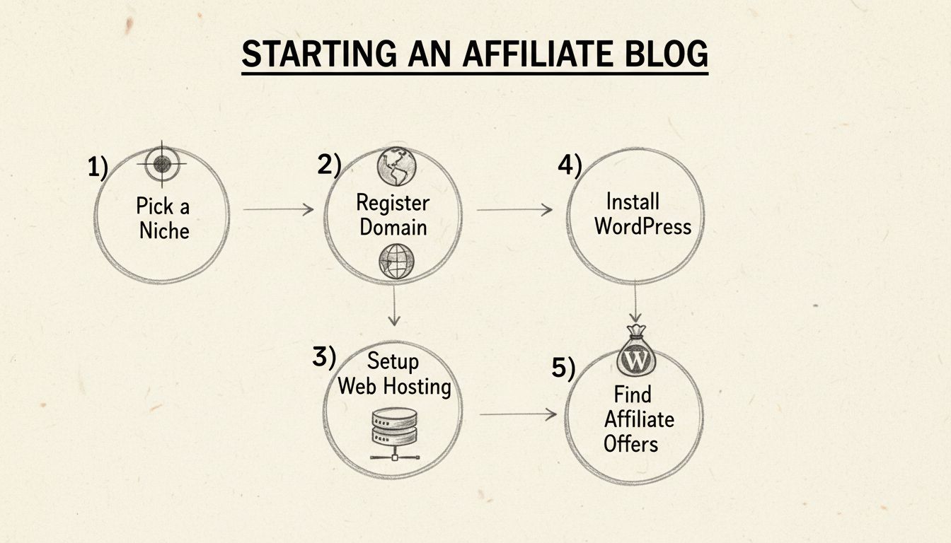 5 passi per avviare un blog di affiliazione: Scegli una Nicchia, Registra Dominio, Configura Hosting, Installa WordPress, Trova Offerte Affiliate