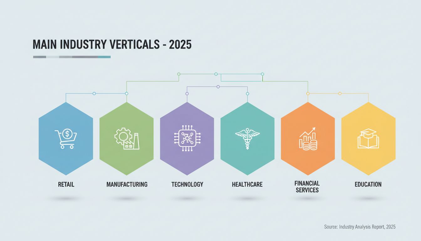 Diagramma dei verticali di business che mostra vendita al dettaglio, produzione, tecnologia, sanità, servizi finanziari e istruzione