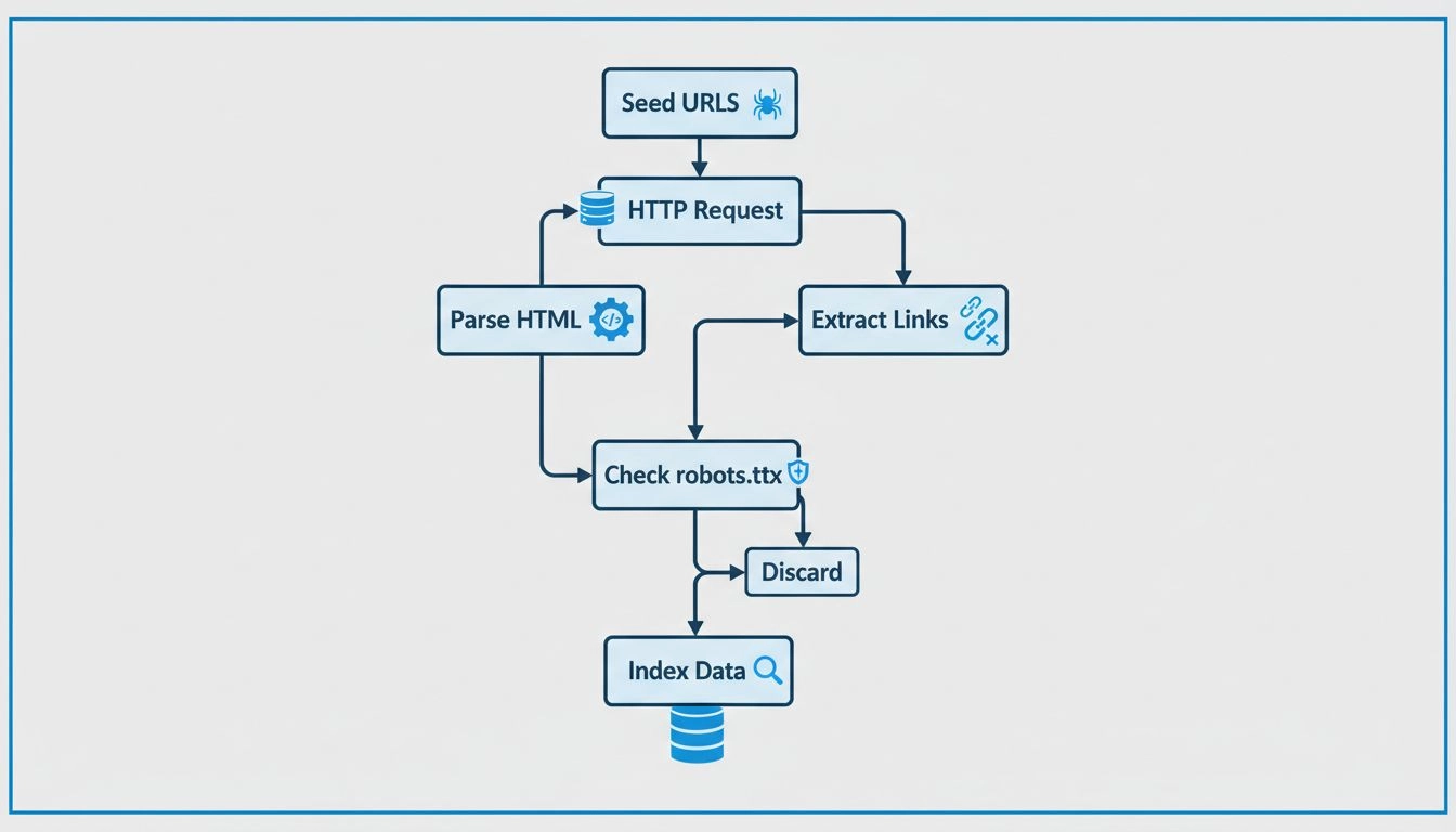 Flusso di processo di un web crawler che mostra URL seed, richieste HTTP, parsing HTML, estrazione link, controllo robots.txt e indicizzazione in database