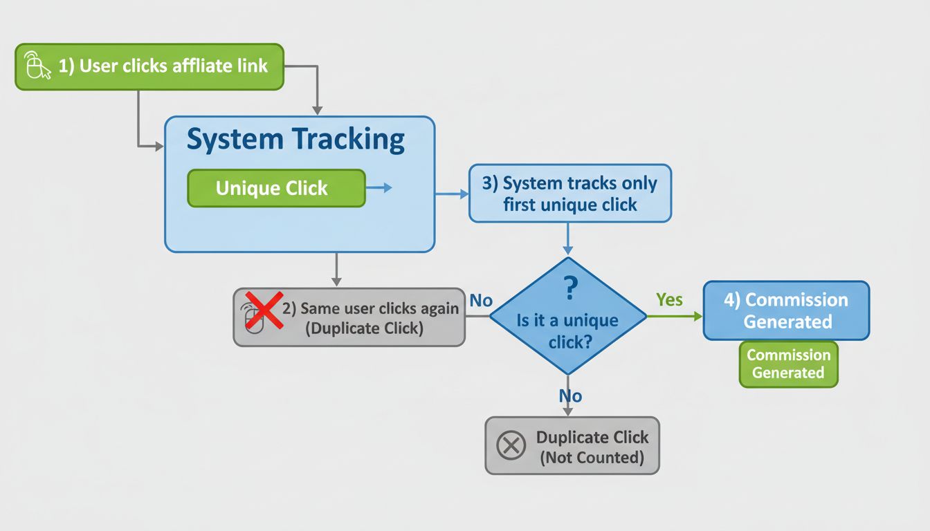 Diagramma di flusso del sistema di tracciamento dei clic unici che mostra il primo clic conteggiato in verde, i clic duplicati barrati in grigio e la generazione di commissioni solo per clic unici