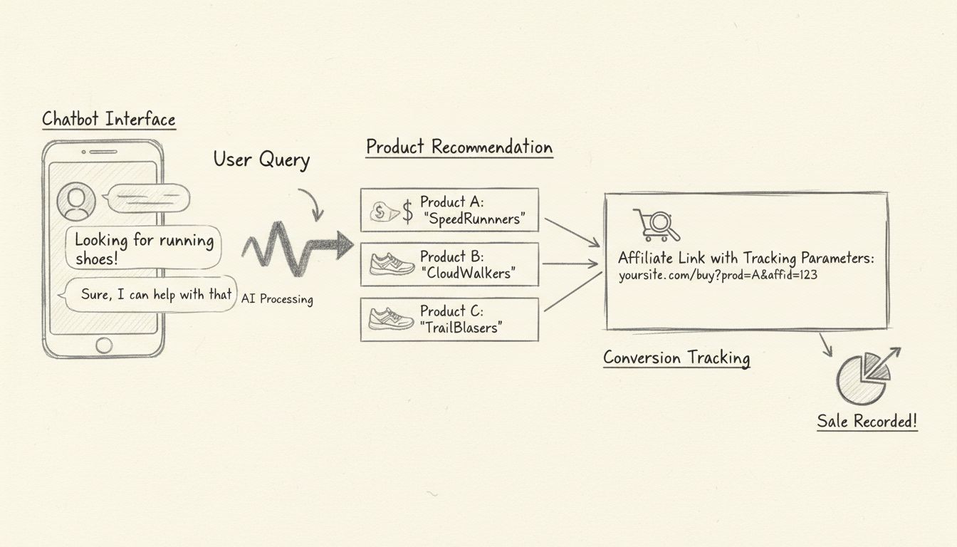 Diagramma disegnato a mano che mostra il flusso di lavoro di un chatbot nel marketing di affiliazione: domanda dell'utente, elaborazione AI, raccomandazioni di prodotto e tracciamento della conversione