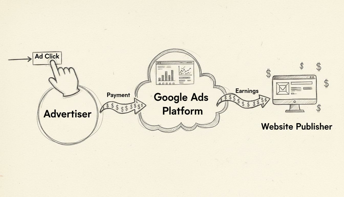 Diagramma disegnato a mano che mostra il flusso dei guadagni PPC dagli inserzionisti ai publisher dei siti web