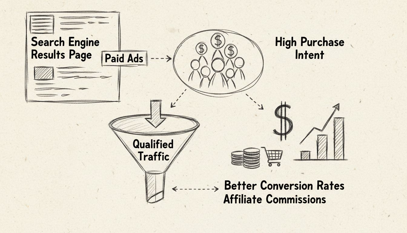 Diagramma disegnato a mano che mostra i vantaggi della SEM per i marketer affiliati con risultati di ricerca, utenti ad alta intenzione d'acquisto, funnel di conversione e commissioni di affiliazione