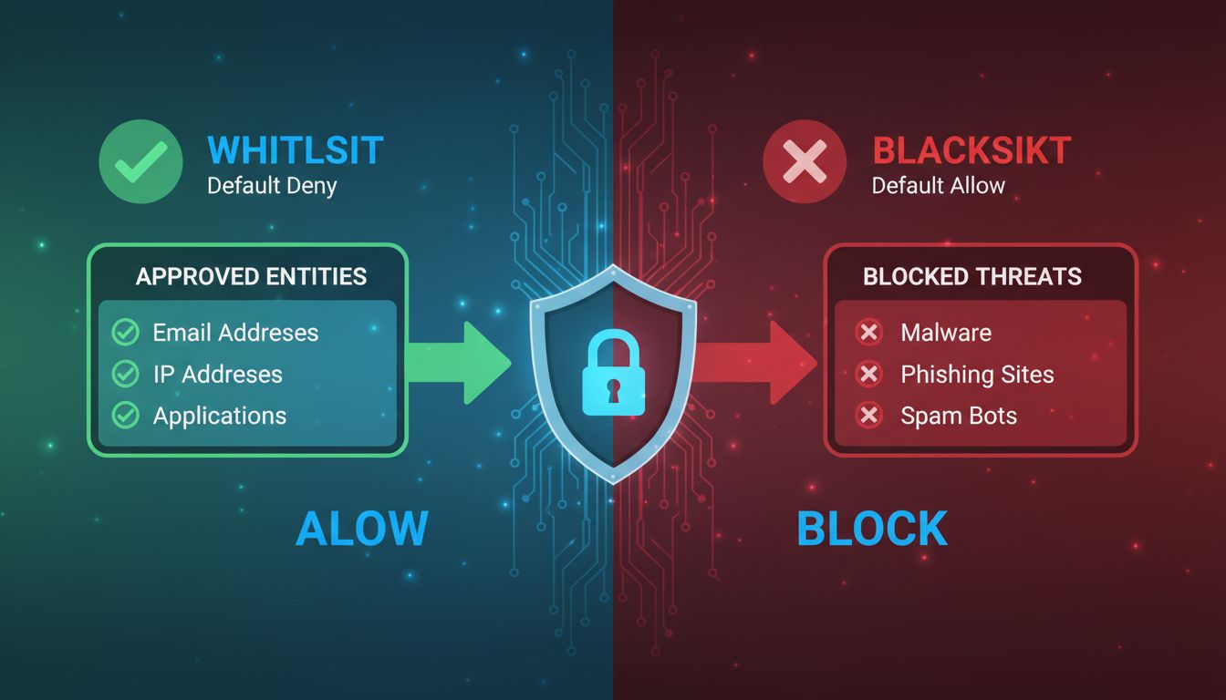Diagramma di confronto sicurezza Whitelist vs Blacklist che mostra le entità approvate consentite tramite whitelist e le minacce bloccate nella blacklist