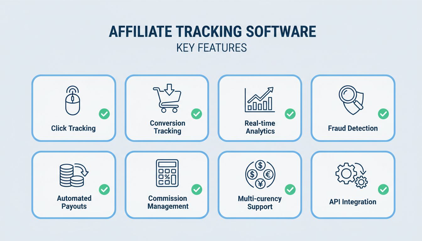 Caratteristiche chiave dei software di tracciamento affiliati tra cui tracciamento dei click, delle conversioni, analisi in tempo reale, rilevamento delle frodi, pagamenti automatici e gestione delle commissioni