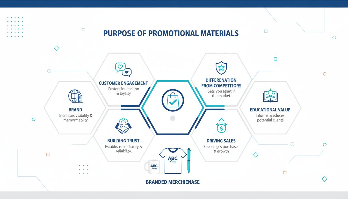 Infografica che mostra lo scopo dei materiali promozionali con i principali benefici tra cui riconoscimento del brand, coinvolgimento dei clienti, differenziazione, creazione di fiducia, guida alle vendite e valore educativo