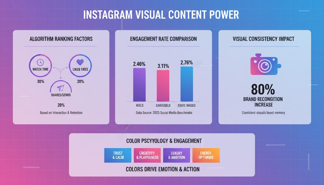 Infografica sull’importanza dei contenuti visivi su Instagram che mostra metriche di coinvolgimento, fattori dell’algoritmo e psicologia del colore