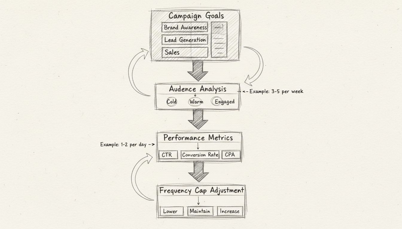 Diagramma di flusso per l’ottimizzazione dei frequency cap che mostra obiettivi di campagna, analisi del pubblico, metriche di performance e processo di aggiustamento della frequenza