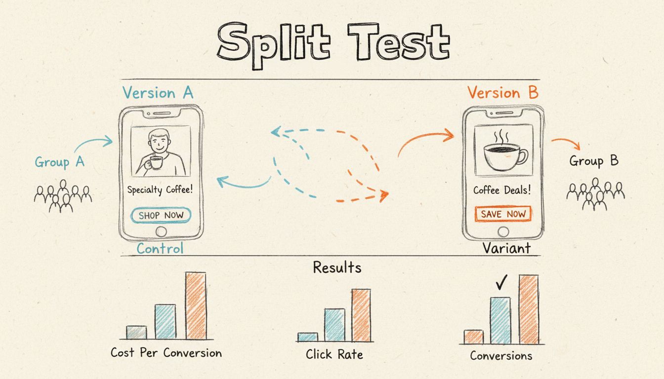 Schema del test diviso A/B di Facebook che mostra la Versione A e la Versione B testate con diversi gruppi di pubblico e confronto delle metriche di performance