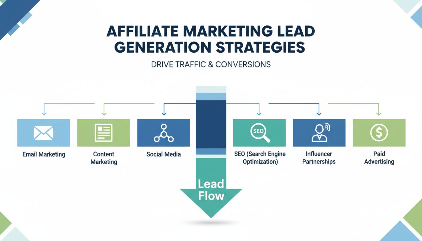 Metodi di generazione lead per il marketing di affiliazione tra cui email marketing, content marketing, social media, SEO, partnership con influencer e pubblicità a pagamento