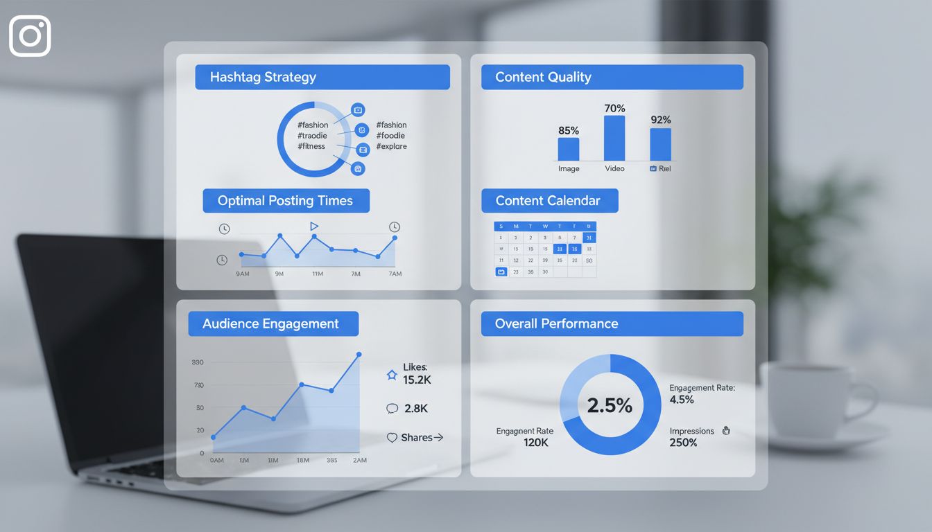 Dashboard di strategia marketing Instagram con ricerca di hashtag, analytics, calendario dei contenuti e metriche di coinvolgimento