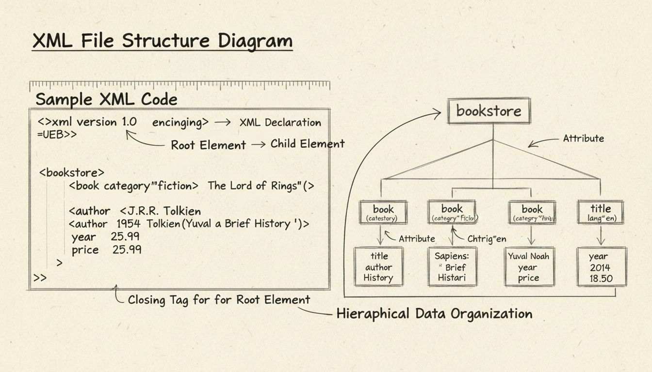 Diagramma della struttura di un file XML che mostra tag, elementi, attributi e organizzazione gerarchica