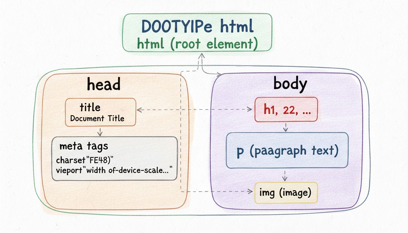 Diagramma della struttura di un documento HTML che mostra DOCTYPE, elemento radice html, sezione head con metadati e sezione body con elementi di contenuto