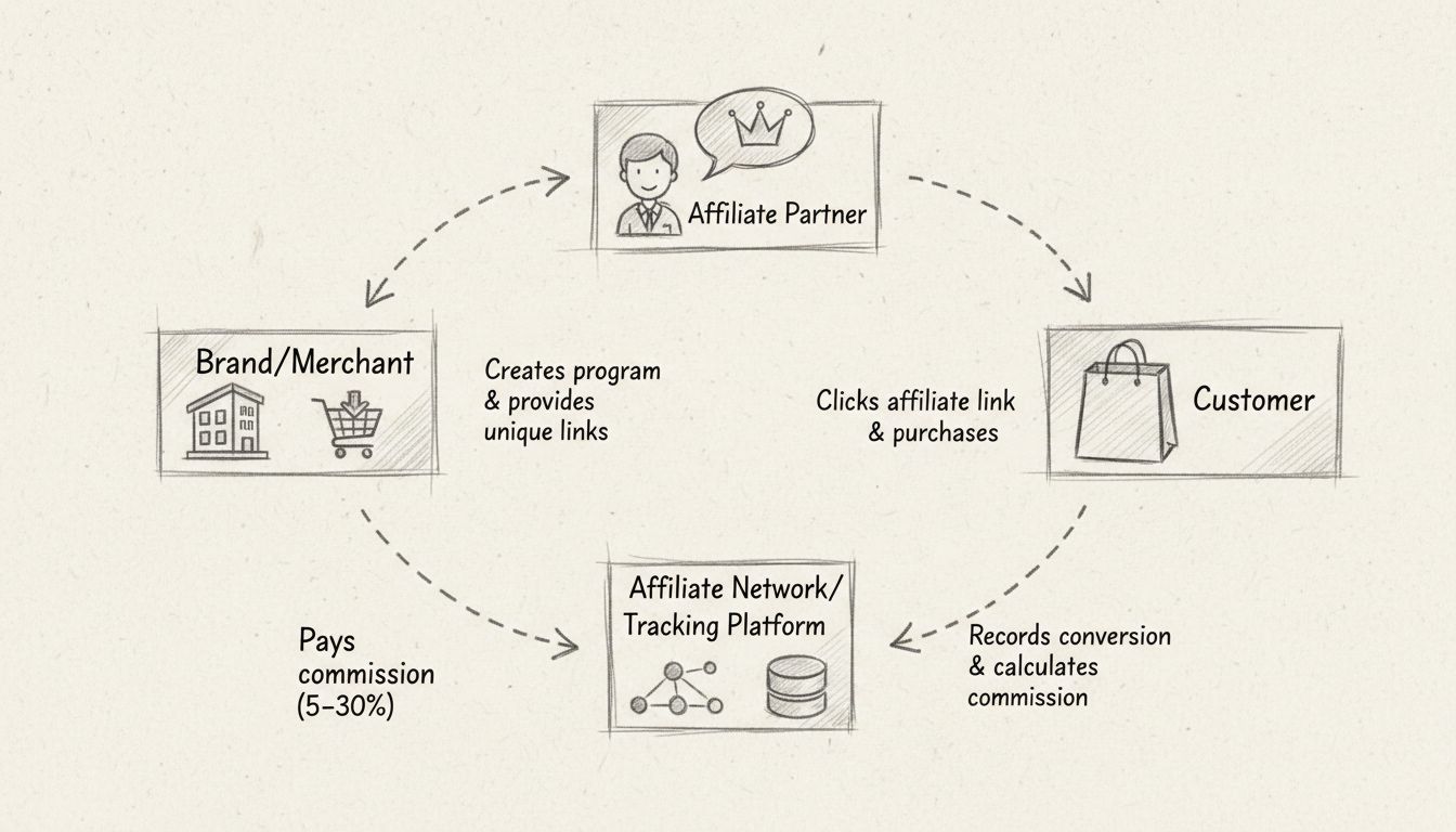Diagramma del flusso di lavoro del programma di affiliazione che mostra il flusso circolare tra brand, partner affiliato, cliente e piattaforma di tracciamento