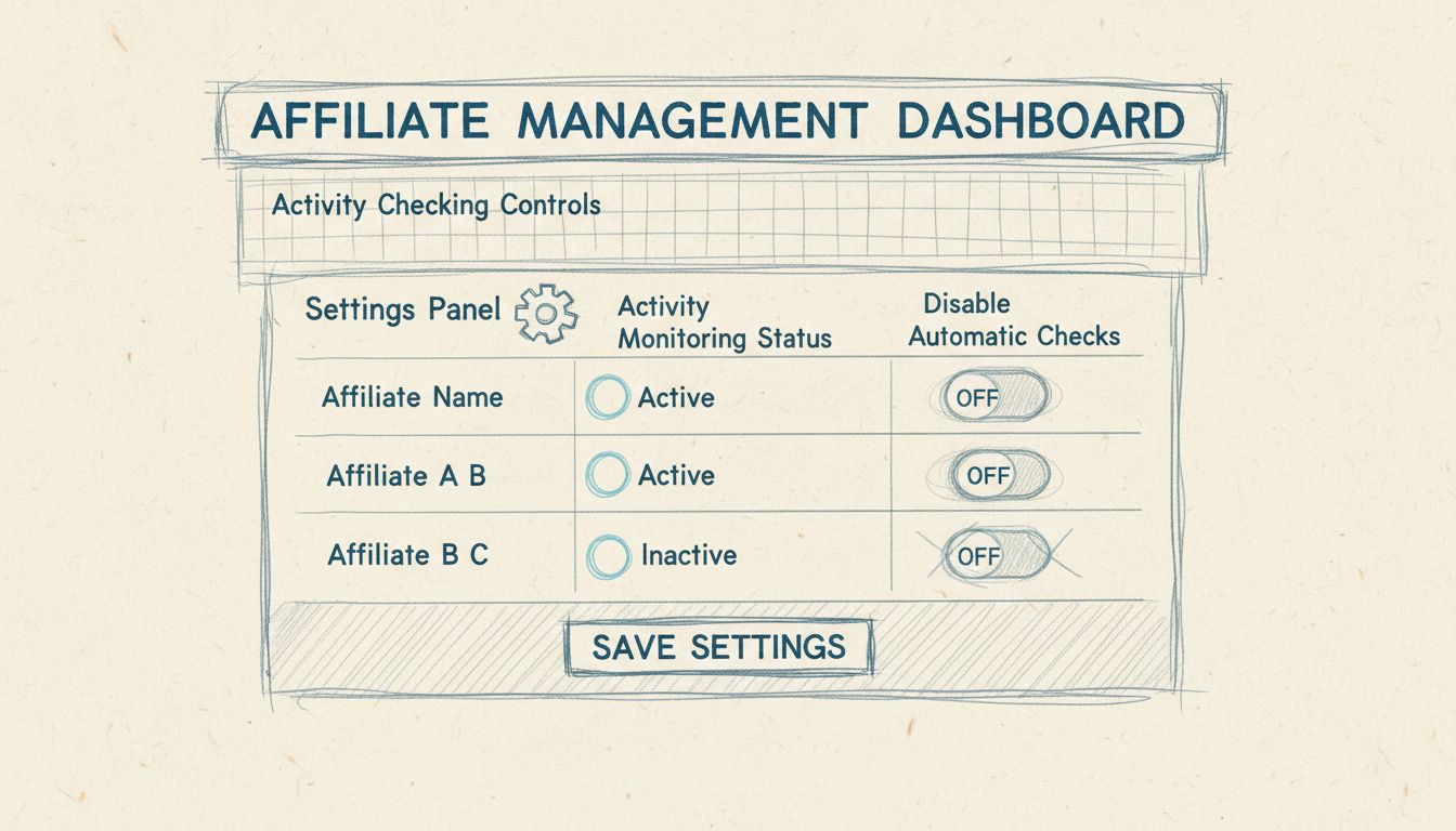 Dashboard di gestione affiliati che mostra i controlli di monitoraggio dell'attività con interruttori per disabilitare il monitoraggio automatico per affiliati specifici