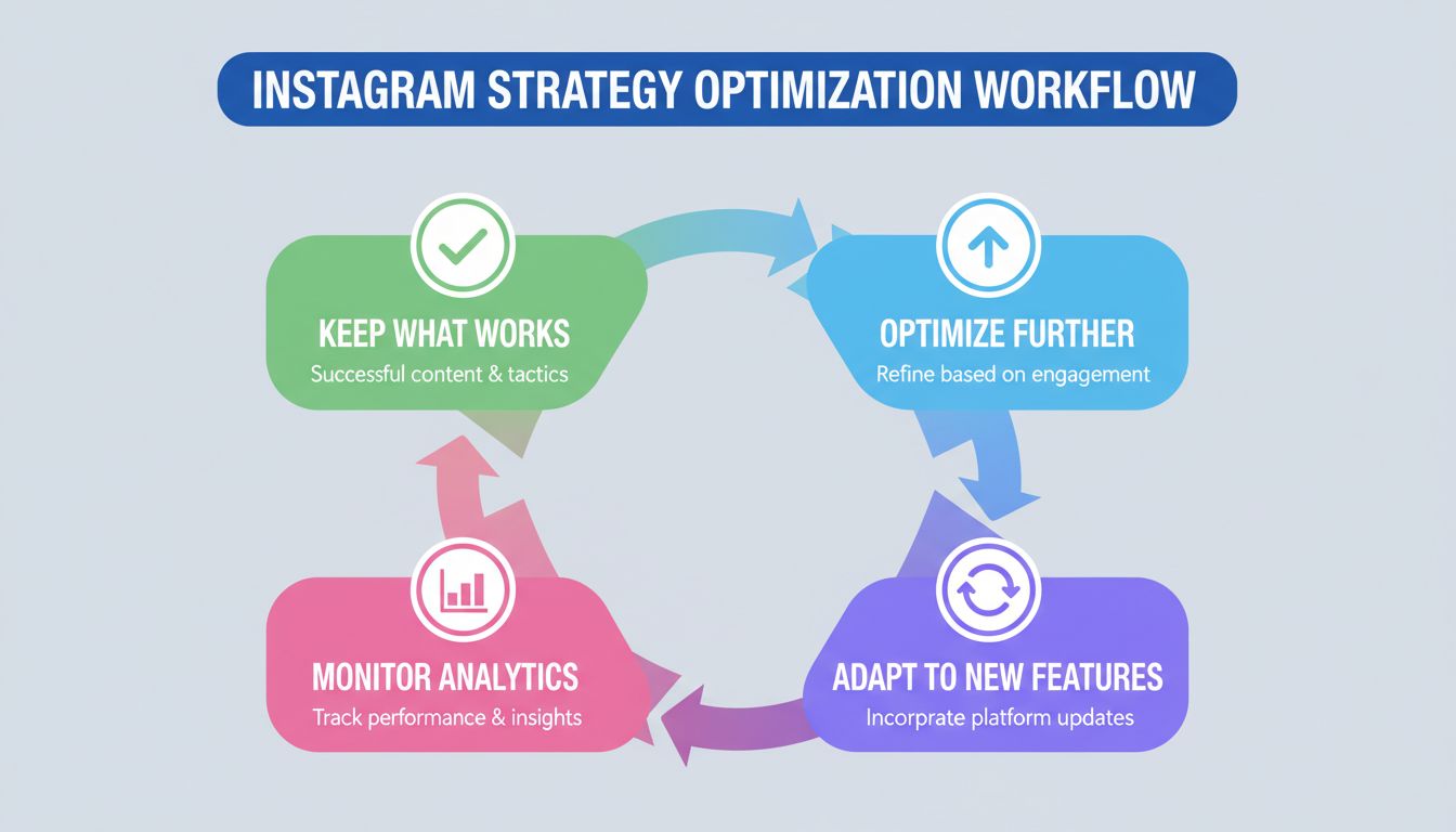 Flusso di lavoro per l'ottimizzazione della strategia Instagram che mostra Mantieni ciò che funziona, Ottimizza ulteriormente, Adatta alle nuove funzionalità e Monitora gli analytics