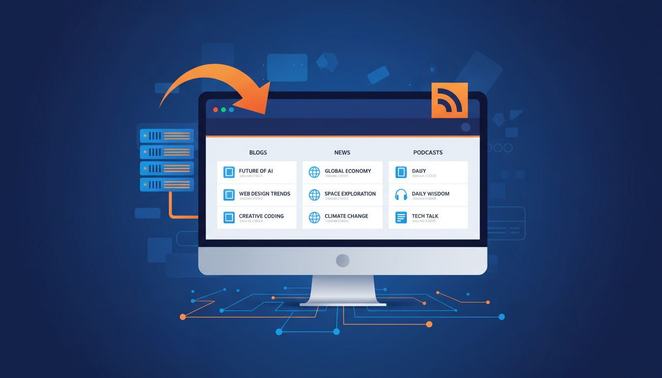 Interfaccia di un lettore di feed RSS che mostra più feed di contenuti organizzati in colonne con post di blog, articoli di notizie e podcast