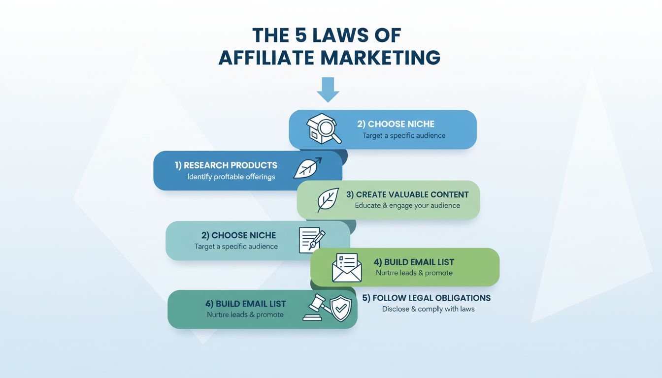 Le 5 leggi del marketing di affiliazione: Ricerca dei prodotti, scelta della nicchia, creazione di contenuti di valore, costruzione della lista email, rispetto degli obblighi legali