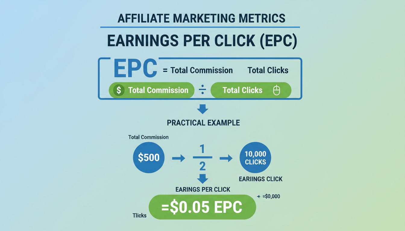 Infografica formula calcolo EPC che mostra commissione totale divisa per click totali