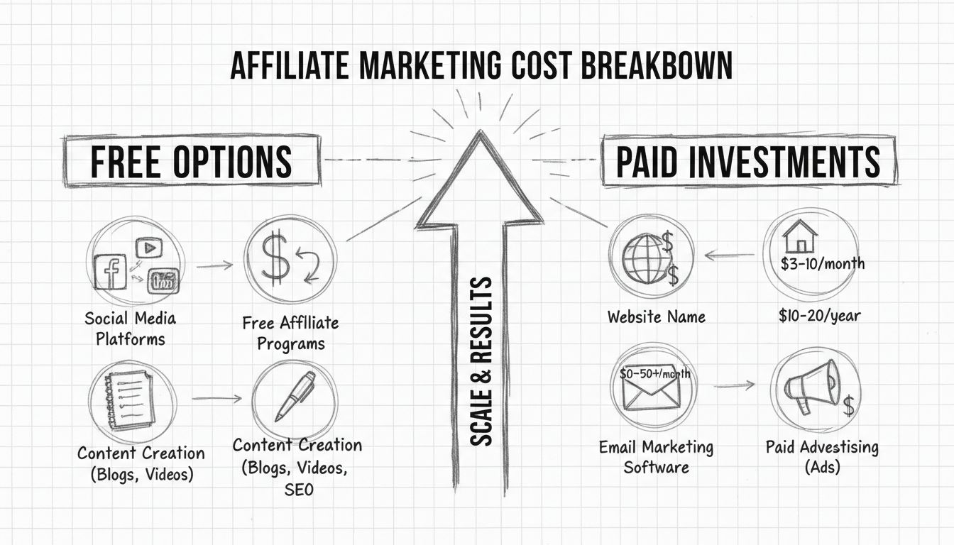 Diagramma dei costi del marketing di affiliazione che mostra opzioni gratuite come i social media e investimenti a pagamento come hosting ed email marketing
