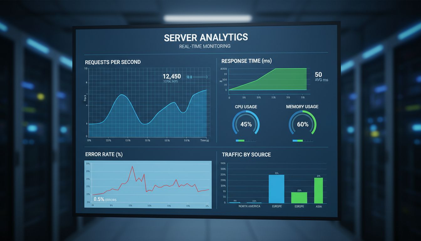 Dashboard di monitoraggio server che mostra hit in tempo reale, richieste al secondo, tempi di risposta, utilizzo CPU, utilizzo memoria e tassi di errore con interfaccia analytics professionale