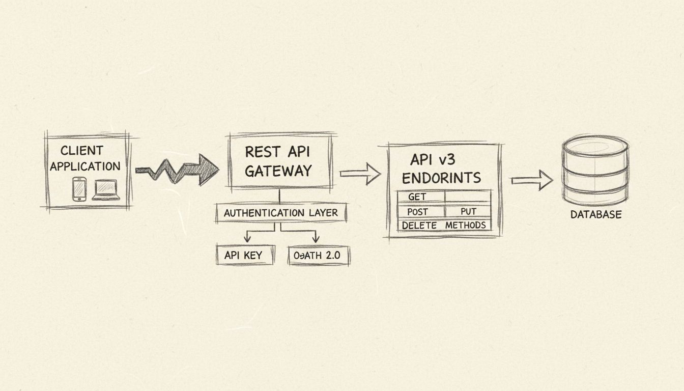 Diagramma dell'architettura REST API che mostra un'applicazione client che si connette al REST API Gateway con livello di autenticazione che supporta API Key e OAuth 2.0, instradando verso gli endpoint API v3 con metodi HTTP e connessione al database