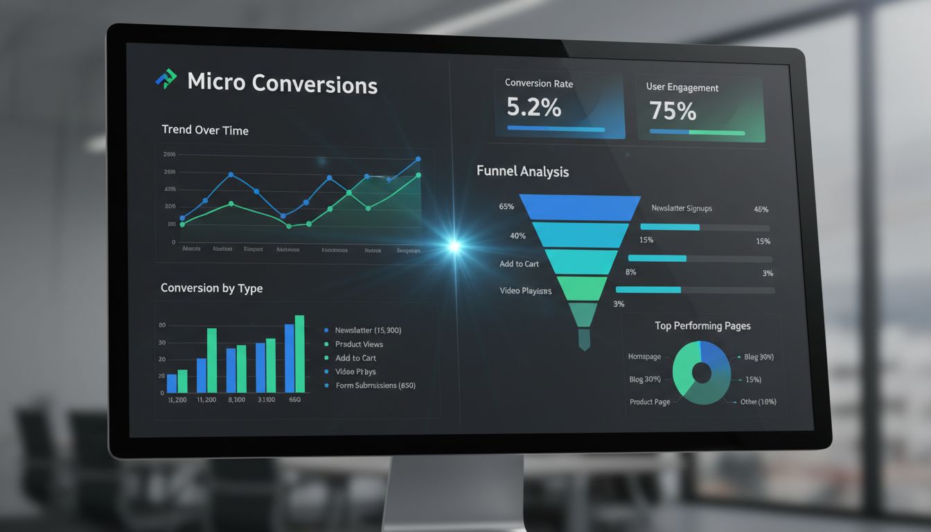 Dashboard di analytics professionale che mostra il tracciamento delle micro-conversioni con grafici, metriche e visualizzazione del funnel di conversione
