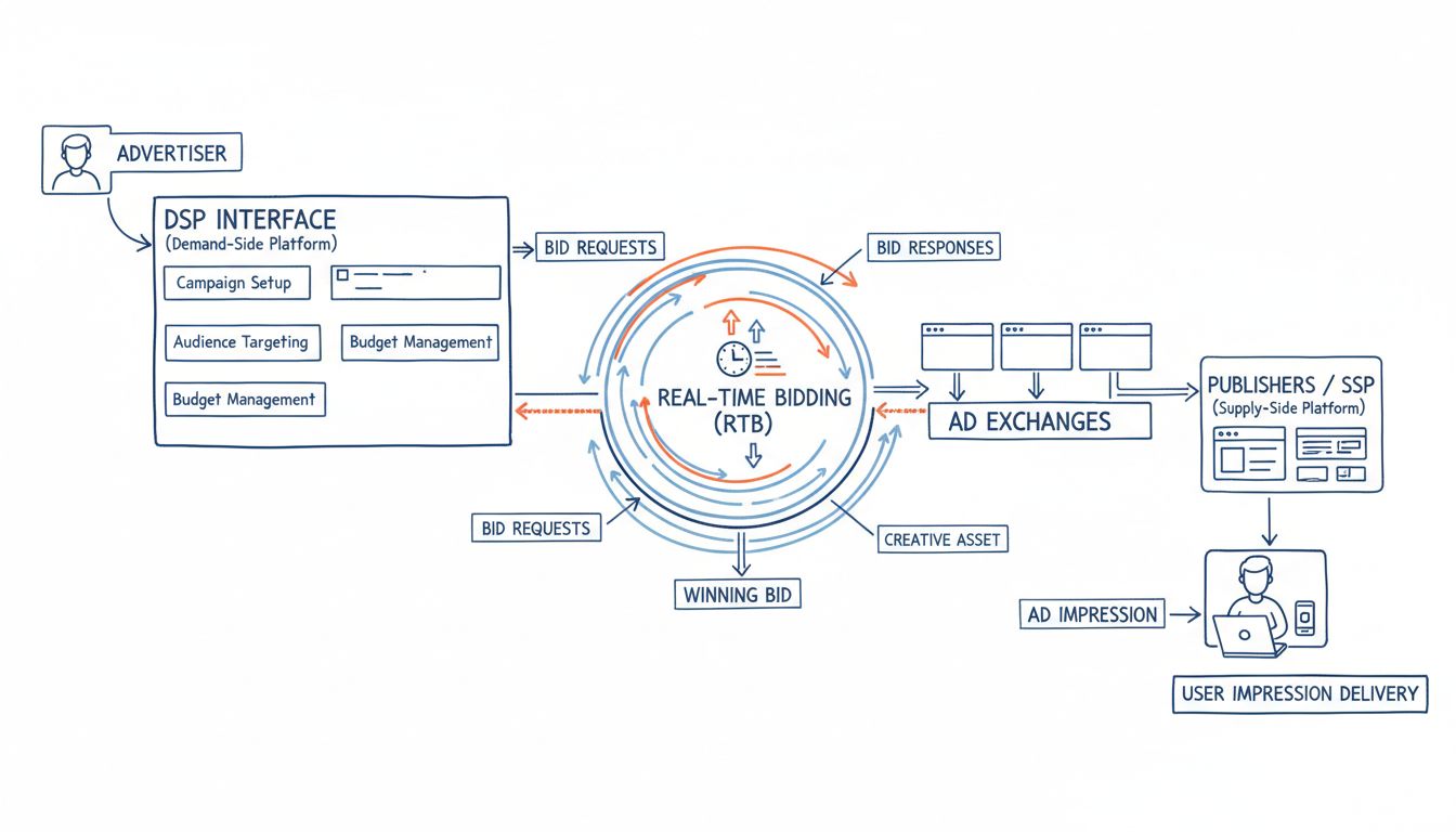 Diagramma tecnico che mostra come funzionano le demand-side platforms nella pubblicità programmatica, con interfaccia inserzionista, real-time bidding, ad exchange, publisher e consegna della impression all'utente