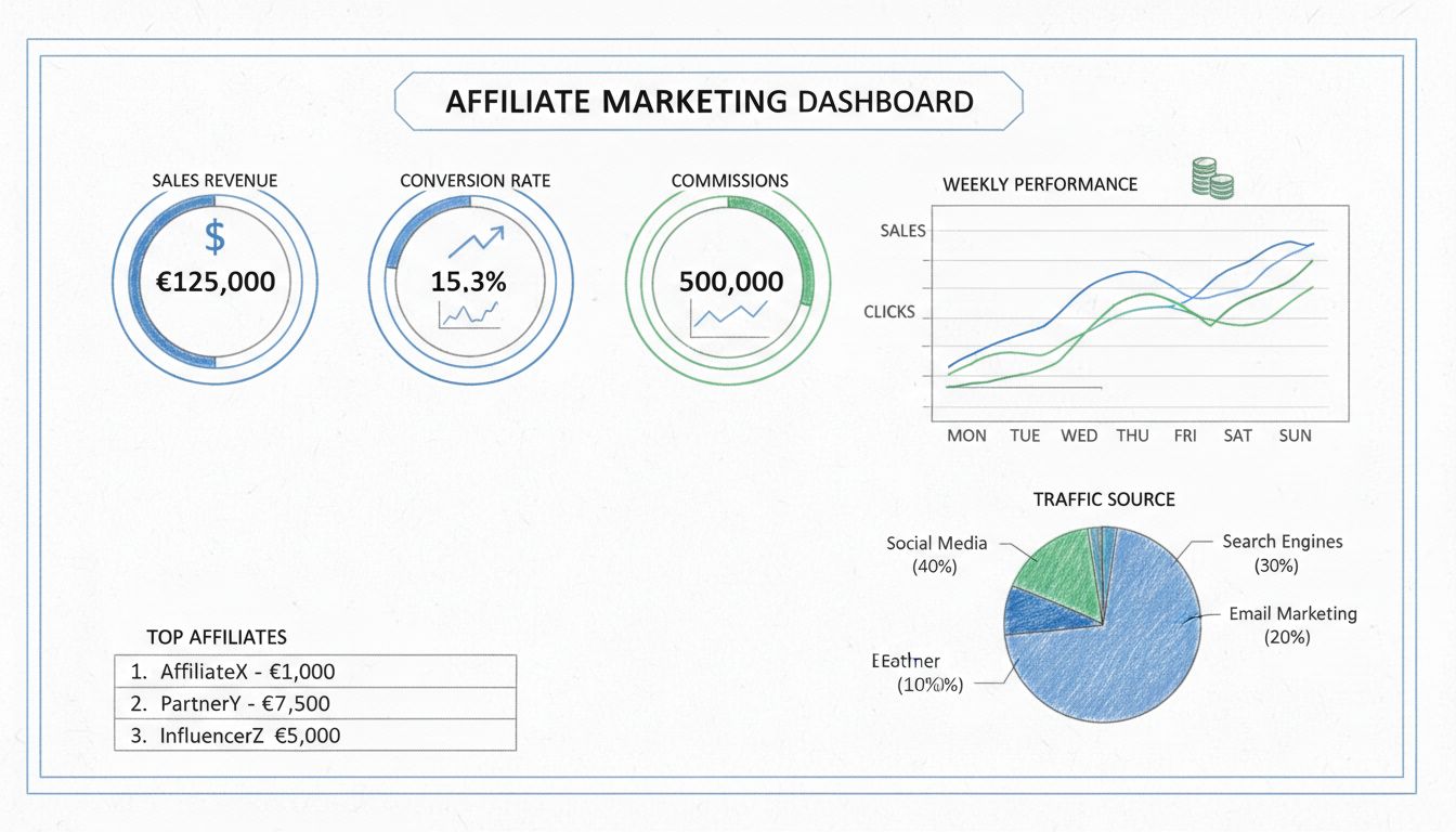 Dashboard di marketing di affiliazione che mostra i KPI del report rapido con ricavi dalle vendite, tasso di conversione, clic, commissioni e migliori affiliati