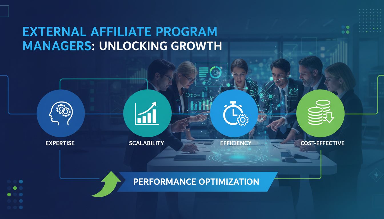 Infografica sui vantaggi dei gestori esterni di programmi di affiliazione che mostra competenza, scalabilità, efficienza e convenienza, con team professionale che gestisce partnership
