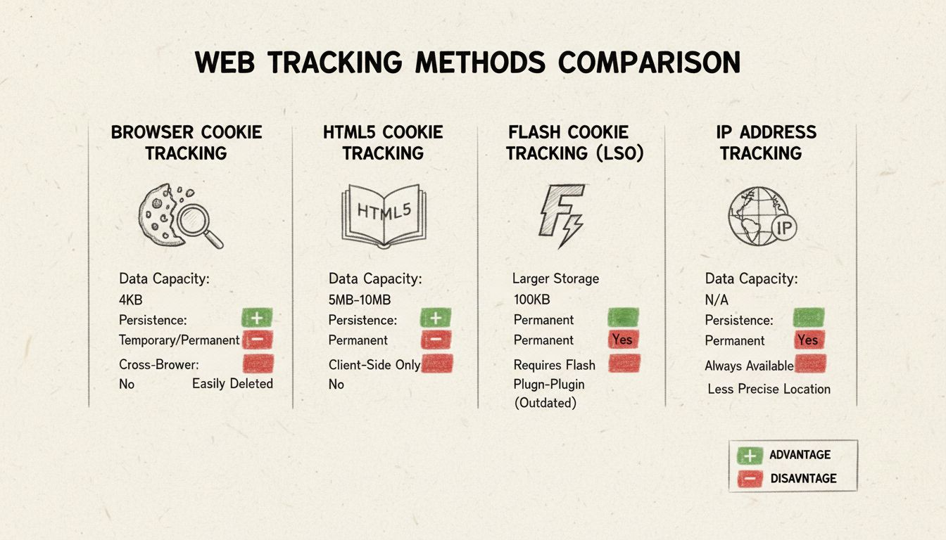 Diagramma di confronto dei metodi di tracciamento che mostra cookie del browser, storage HTML5, cookie flash e tracciamento indirizzo IP con capacità dati, persistenza e capacità cross-browser