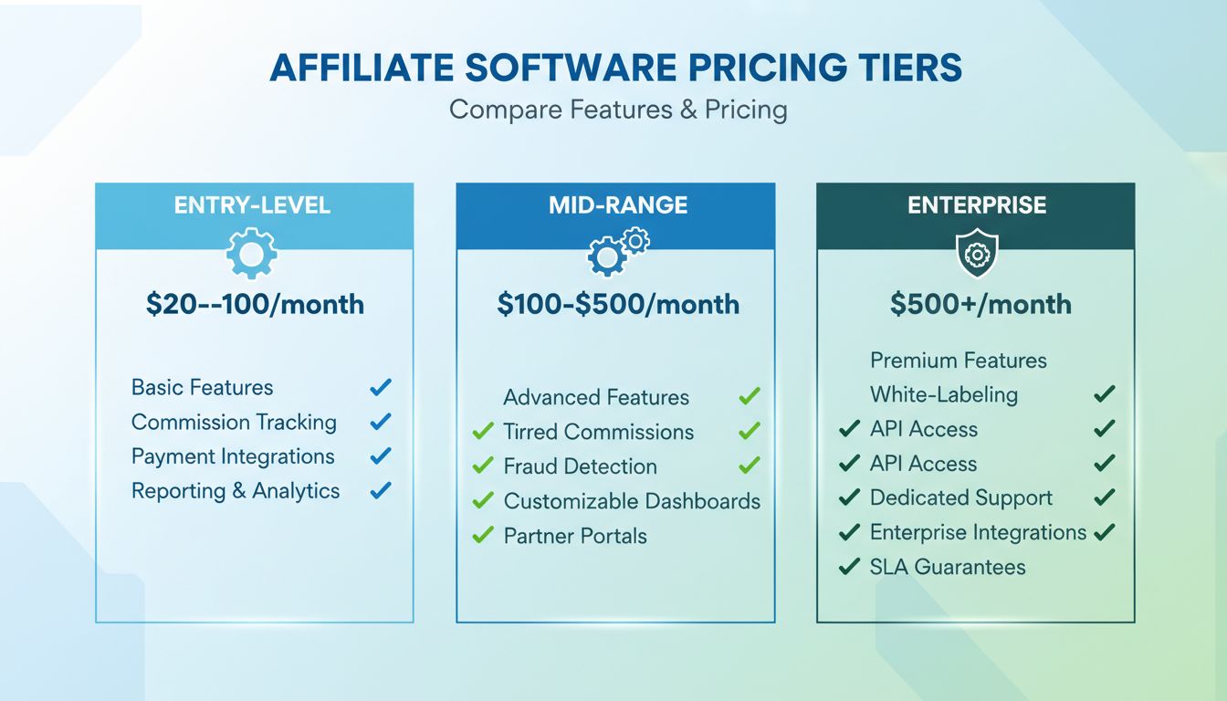 Tabella comparativa dei livelli di prezzo dei software di affiliazione con opzioni entry-level, fascia media ed enterprise e relative funzionalità