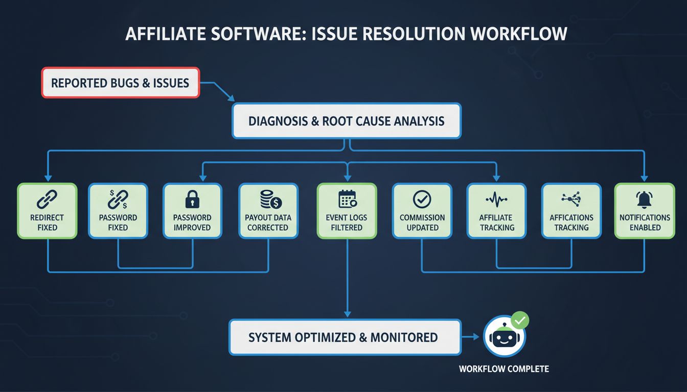Diagramma tecnico che mostra il workflow di risoluzione bug nel software affiliati Post Affiliate Pro con icone per link di reindirizzamento, sicurezza password, dati pagamenti, log eventi, stato commissioni, tracciamento attività affiliati e notifiche di pagamento
