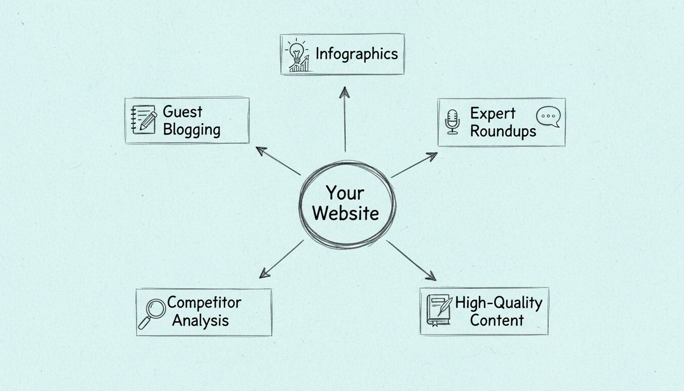 Diagramma disegnato a mano che mostra strategie efficaci di costruzione di backlink con un hub centrale che collega guest blogging, infografiche, roundup di esperti, analisi dei competitor e contenuti di alta qualità