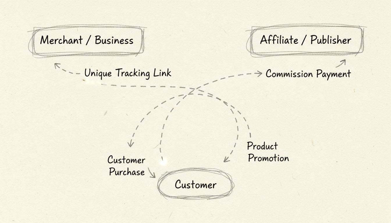 Diagramma del flusso del marketing di affiliazione che mostra le interazioni tra commerciante, affiliato e cliente con link di tracciamento e pagamenti di commissioni