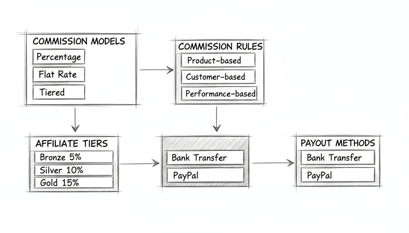 Schema disegnato a mano che mostra la configurazione di una struttura di commissione affiliata con modelli di commissione, regole, livelli e metodi di pagamento