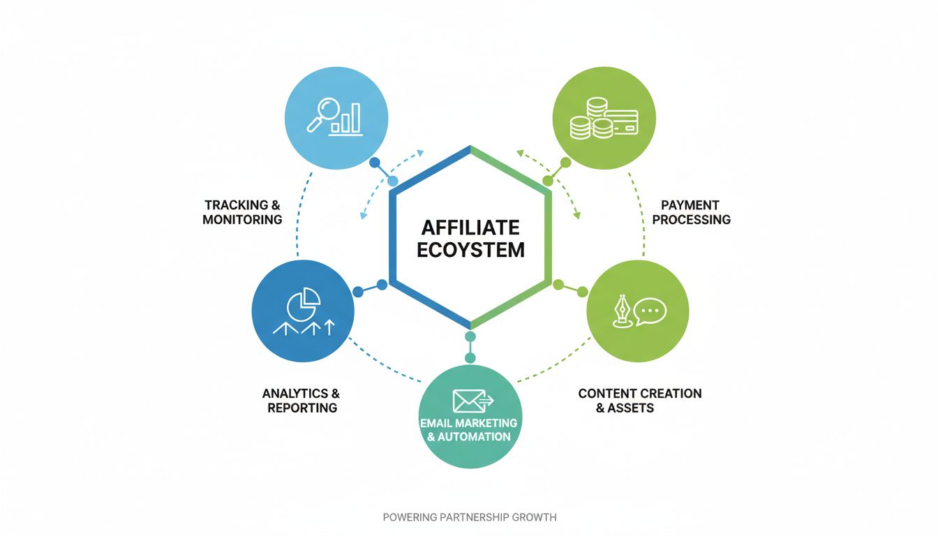 Ecosistema di strumenti per la gestione dei programmi di affiliazione che mostra categorie di tracciamento, analisi, elaborazione pagamenti, creazione di contenuti e email marketing