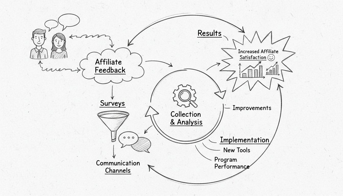 Diagramma disegnato a mano che mostra il ciclo di feedback affiliato con le fasi: Affiliate Feedback, Analysis, Implementation e Results
