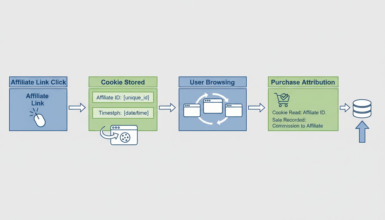 Diagramma del flusso di cookie tracking che mostra il click sul link affiliato, la memorizzazione del cookie, la navigazione dell'utente e il processo di attribuzione dell'acquisto