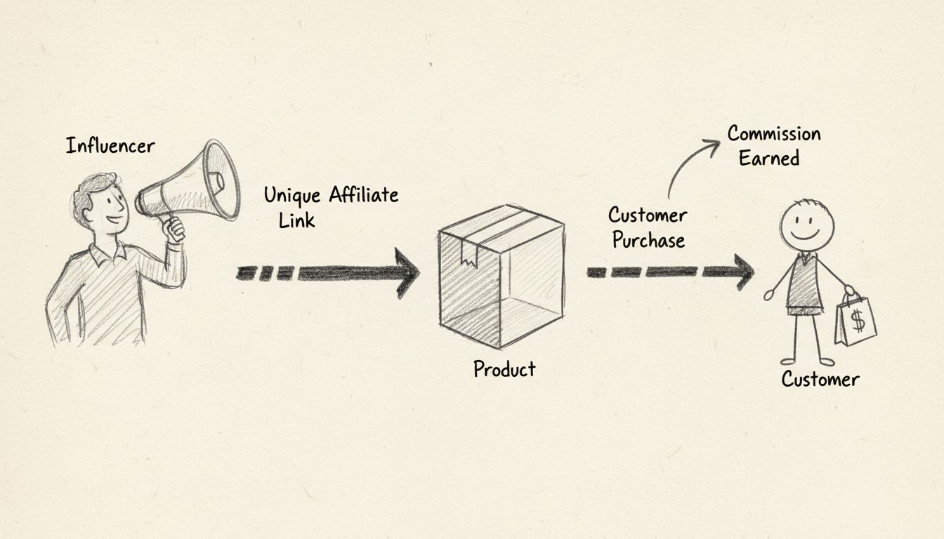 Diagramma a matita che mostra il flusso di una campagna di marketing di affiliazione con influencer, link di affiliazione unico, acquisto del cliente e commissione guadagnata