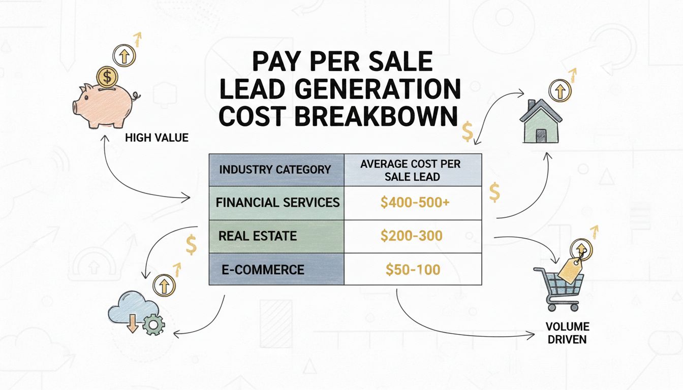 Ripartizione dei costi della lead generation pay per sale per settore, con range di prezzo per servizi finanziari, immobiliare, B2B SaaS ed e-commerce